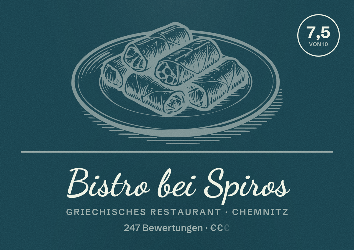 Illustriertes Poster von Bistro bei Spiros, Griechisches Restaurant in Chemnitz: Bewertung 7,5 von 10 aus 247 Bewertungen, Preisniveau €€