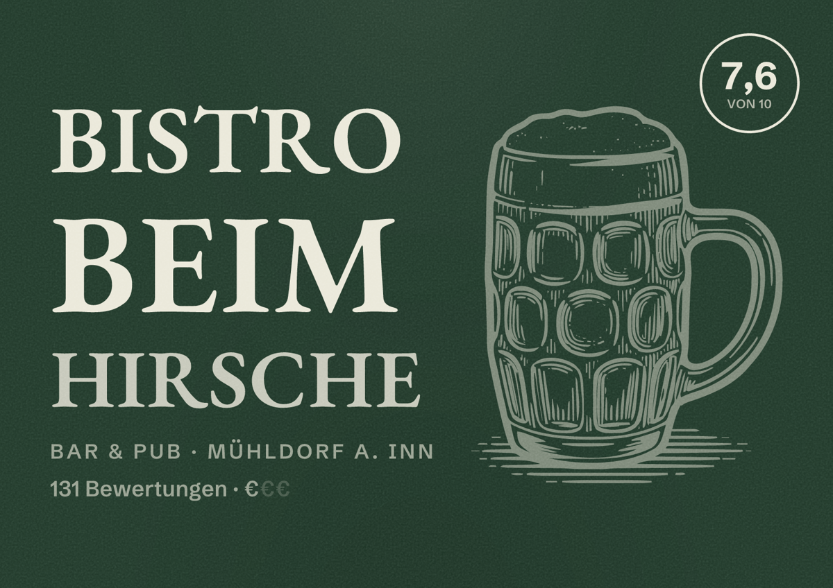 Illustriertes Poster von Bistro Beim Hirsche, Bar & Pub in Mühldorf a. Inn: Bewertung 7,6 von 10 aus 131 Bewertungen, Preisniveau €