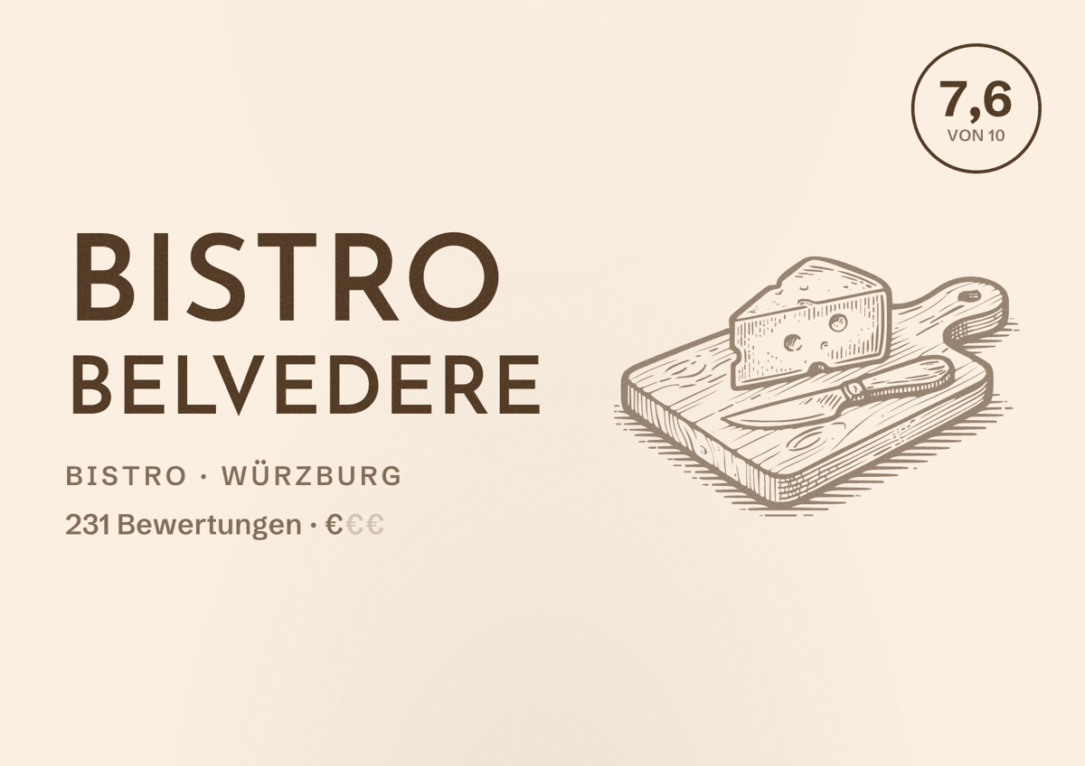 Illustriertes Poster von Bistro Belvedere, Bistro in Würzburg: Bewertung 7,6 von 10 aus 231 Bewertungen, Preisniveau €