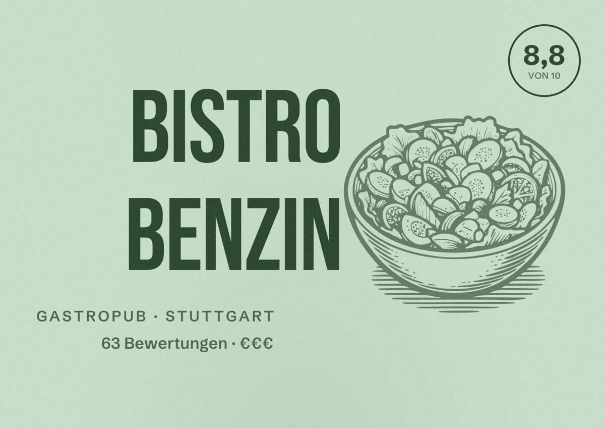 Illustriertes Poster von Bistro Benzin, Gastropub in Stuttgart: Bewertung 8,8 von 10 aus 63 Bewertungen, Preisniveau €€€