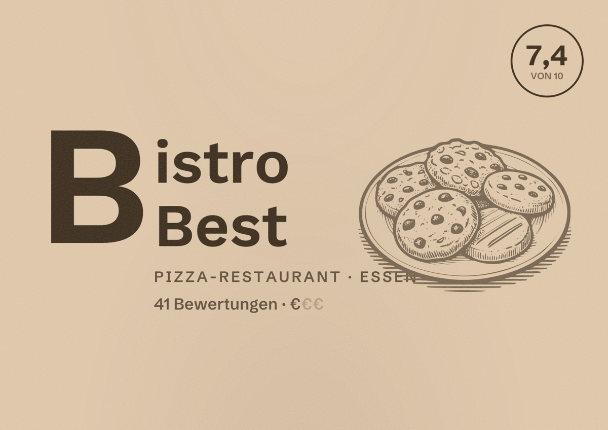 Illustriertes Poster von Bistro Best, Pizza-Restaurant in Essen: Bewertung 7,4 von 10 aus 41 Bewertungen, Preisniveau €