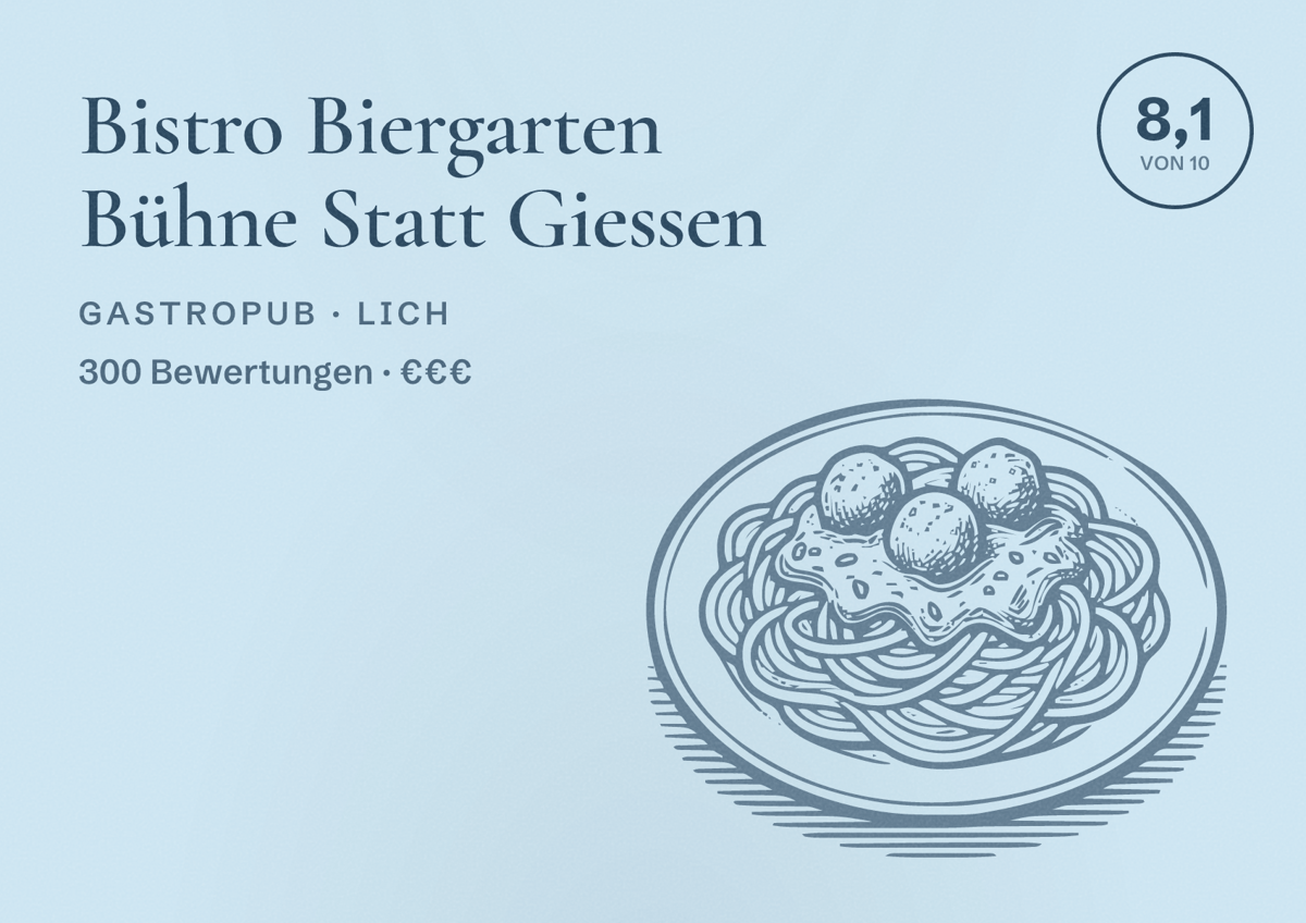 Illustriertes Poster von Bistro Biergarten Bühne Statt Giessen, Gastropub in Lich: Bewertung 8,1 von 10 aus 300 Bewertungen, Preisniveau €€€