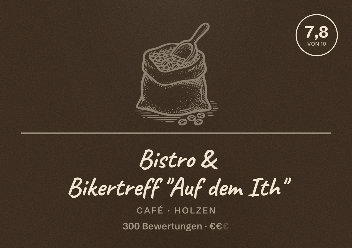Illustriertes Poster von Bistro & Bikertreff "Auf dem Ith", Café in Holzen: Bewertung 7,8 von 10 aus 300 Bewertungen, Preisniveau €€