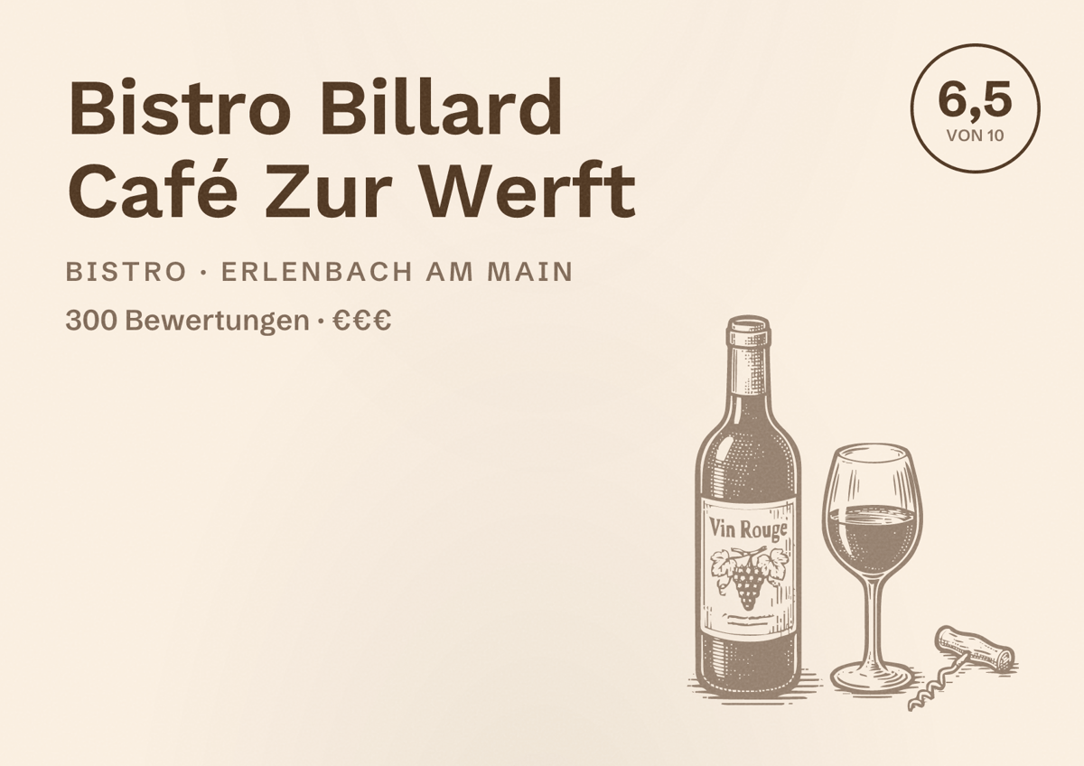 Illustriertes Poster von Bistro Billard Café Zur Werft, Bistro in Erlenbach am Main: Bewertung 6,5 von 10 aus 300 Bewertungen, Preisniveau €€€