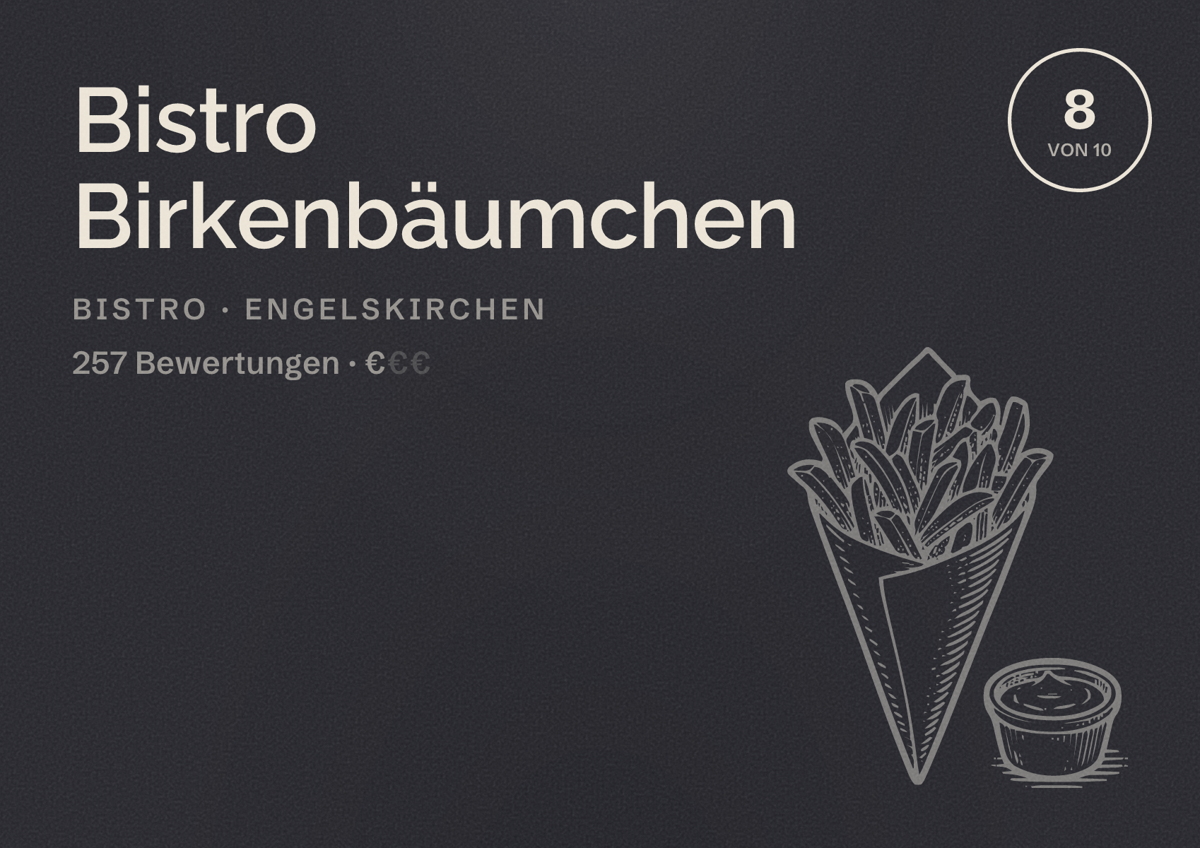 Illustriertes Poster von Bistro Birkenbäumchen, Bistro in Engelskirchen: Bewertung 8 von 10 aus 257 Bewertungen, Preisniveau €
