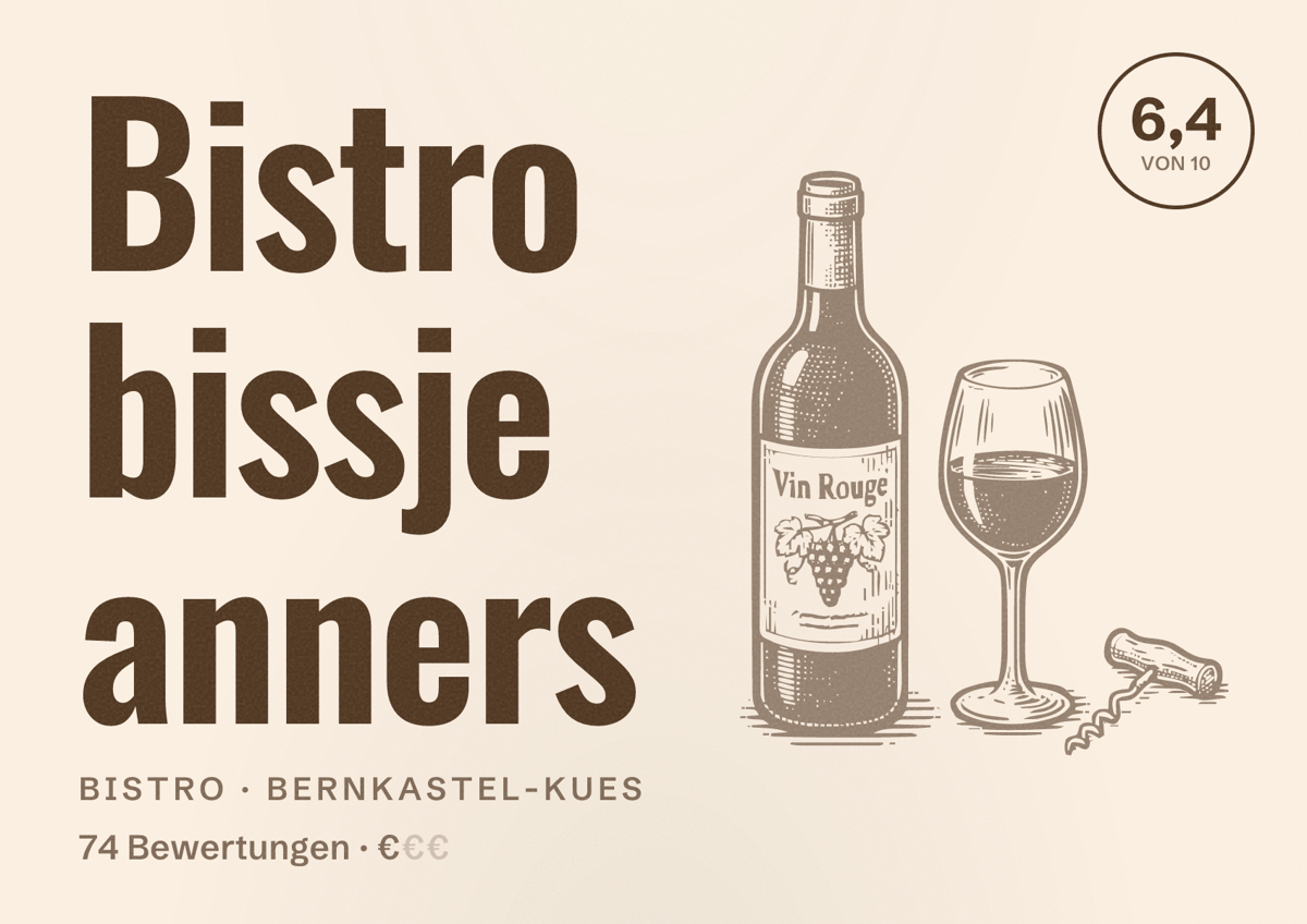 Illustriertes Poster von Bistro bissje anners, Bistro in Bernkastel-Kues: Bewertung 6,4 von 10 aus 74 Bewertungen, Preisniveau €