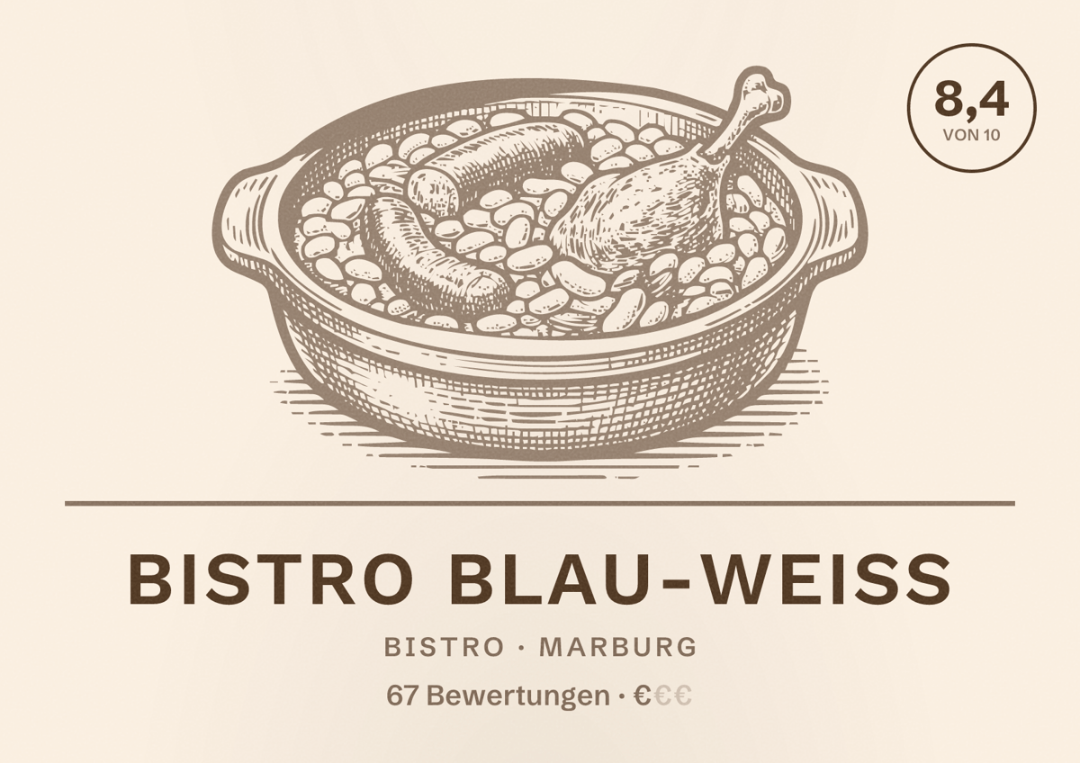 Illustriertes Poster von Bistro Blau-Weiss, Bistro in Marburg: Bewertung 8,4 von 10 aus 67 Bewertungen, Preisniveau €