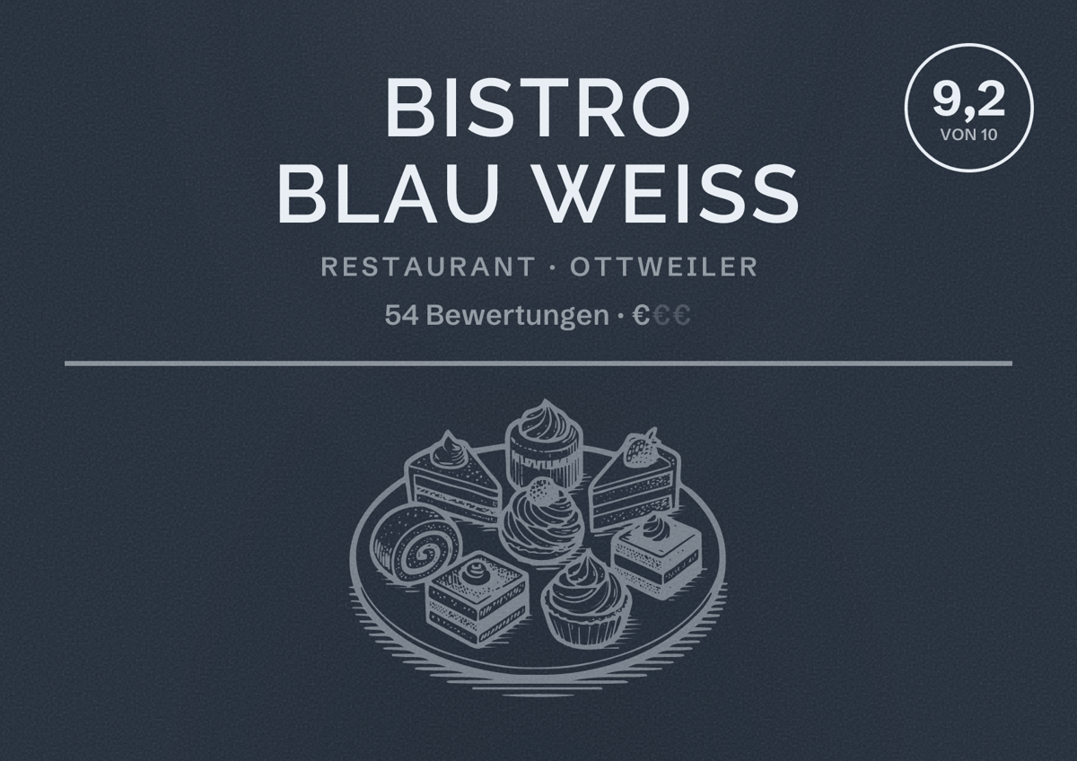 Illustriertes Poster von Bistro Blau Weiß, Restaurant in Ottweiler: Bewertung 9,2 von 10 aus 54 Bewertungen, Preisniveau €