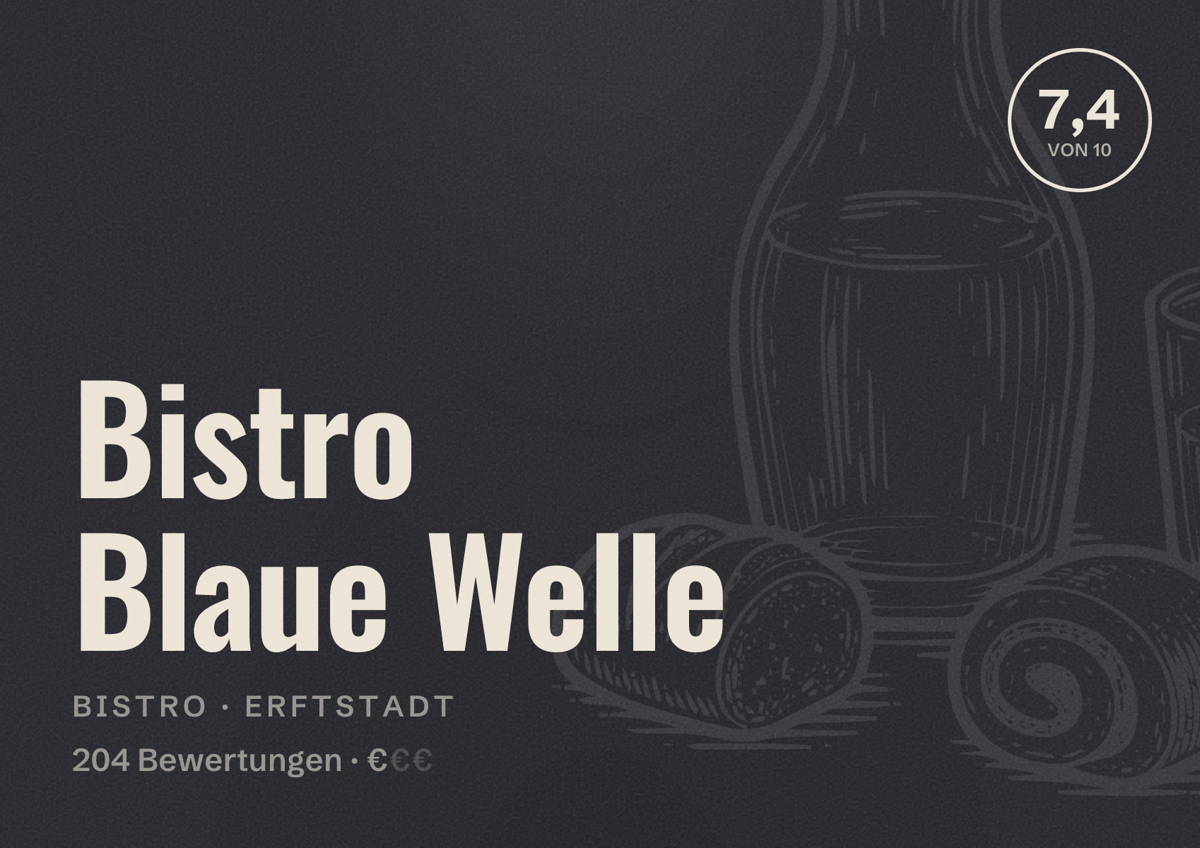Illustriertes Poster von Bistro Blaue Welle, Bistro in Erftstadt: Bewertung 7,4 von 10 aus 204 Bewertungen, Preisniveau €