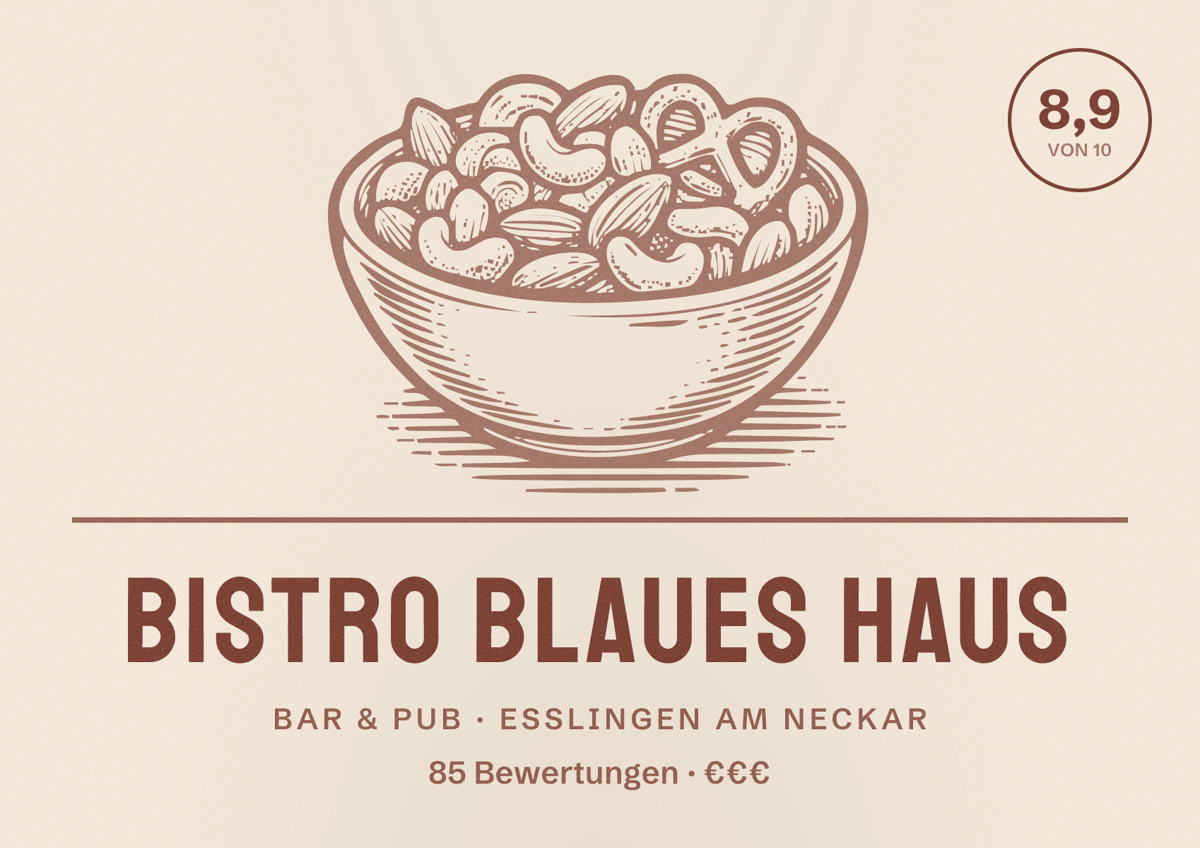 Illustriertes Poster von Bistro Blaues Haus, Bar & Pub in Esslingen am Neckar: Bewertung 8,9 von 10 aus 85 Bewertungen, Preisniveau €€€