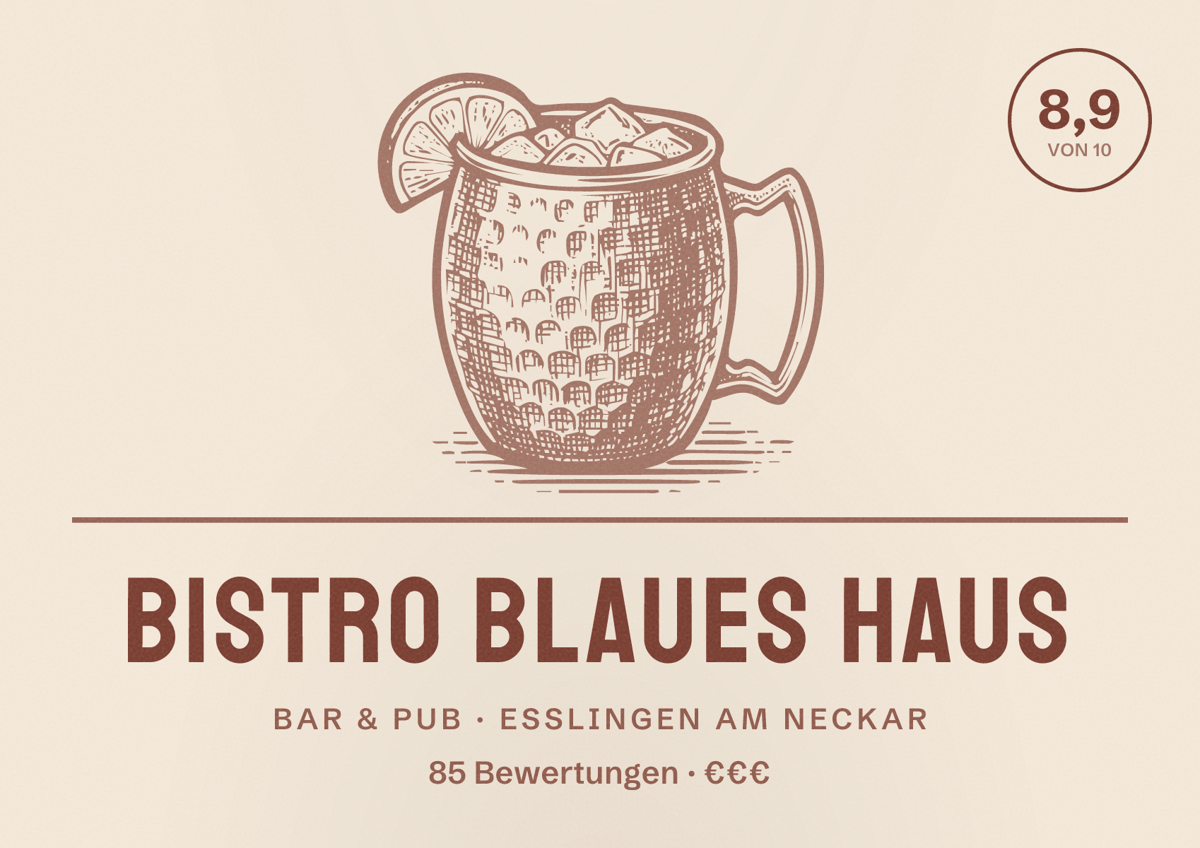 Illustriertes Poster von Bistro Blaues Haus, Bar & Pub in Esslingen am Neckar: Bewertung 8,9 von 10 aus 85 Bewertungen, Preisniveau €€€