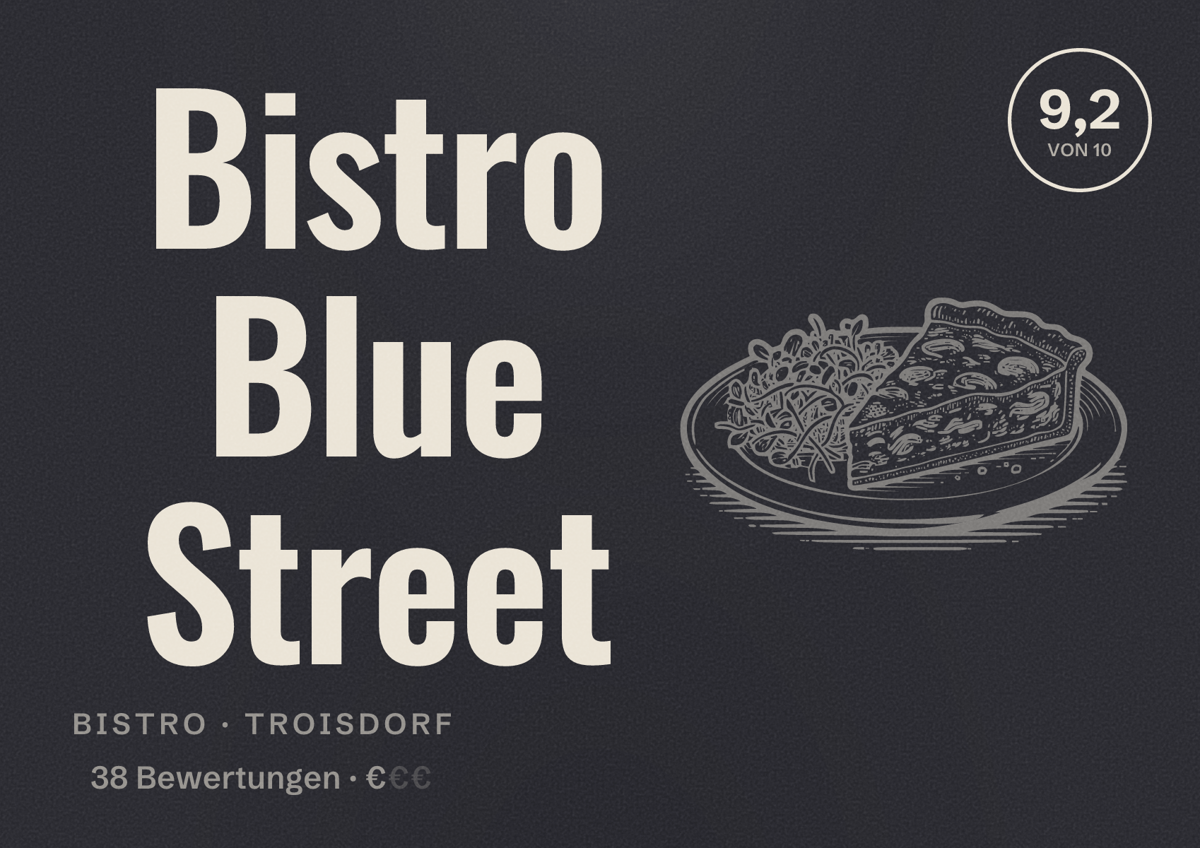 Illustriertes Poster von Bistro Blue Street, Bistro in Troisdorf: Bewertung 9,2 von 10 aus 38 Bewertungen, Preisniveau €