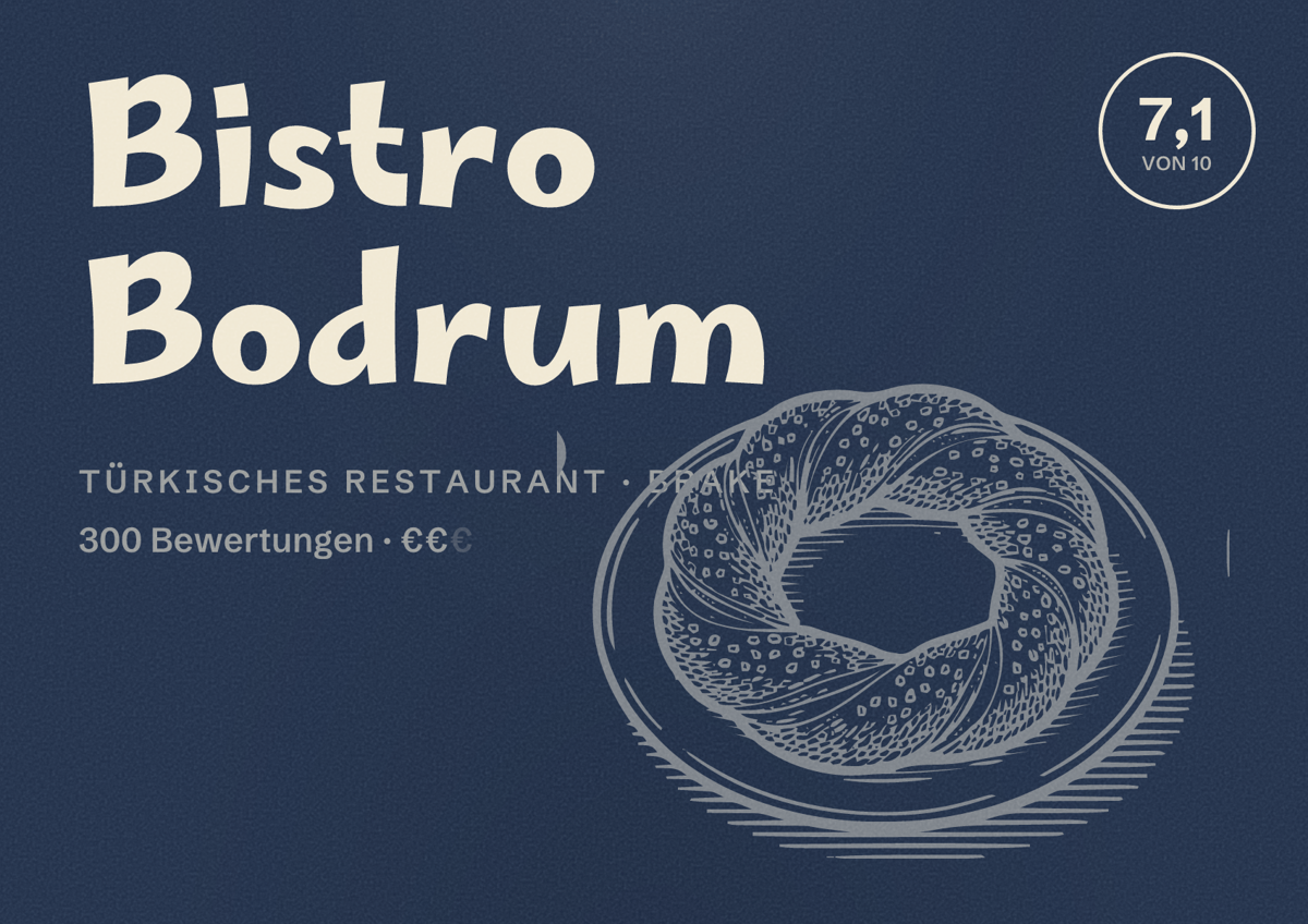Illustriertes Poster von Bistro Bodrum, Türkisches Restaurant in Brake: Bewertung 7,1 von 10 aus 300 Bewertungen, Preisniveau €€