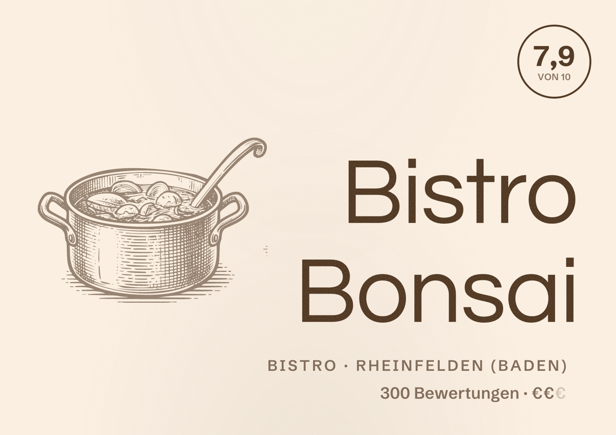Illustriertes Poster von Bistro Bonsai, Bistro in Rheinfelden (Baden): Bewertung 7,9 von 10 aus 300 Bewertungen, Preisniveau €€