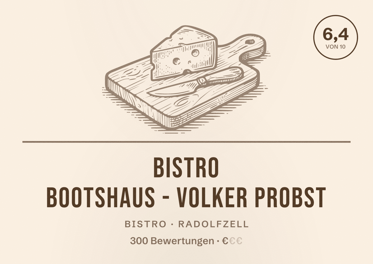 Illustriertes Poster von Bistro Bootshaus - Volker Probst, Bistro in Radolfzell: Bewertung 6,4 von 10 aus 300 Bewertungen, Preisniveau €