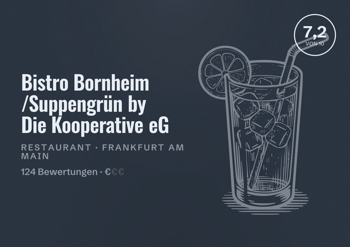 Illustriertes Poster von Bistro Bornheim /Suppengrün by Die Kooperative eG, Restaurant in Frankfurt am Main: Bewertung 7,2 von 10 aus 124 Bewertungen, Preisniveau €