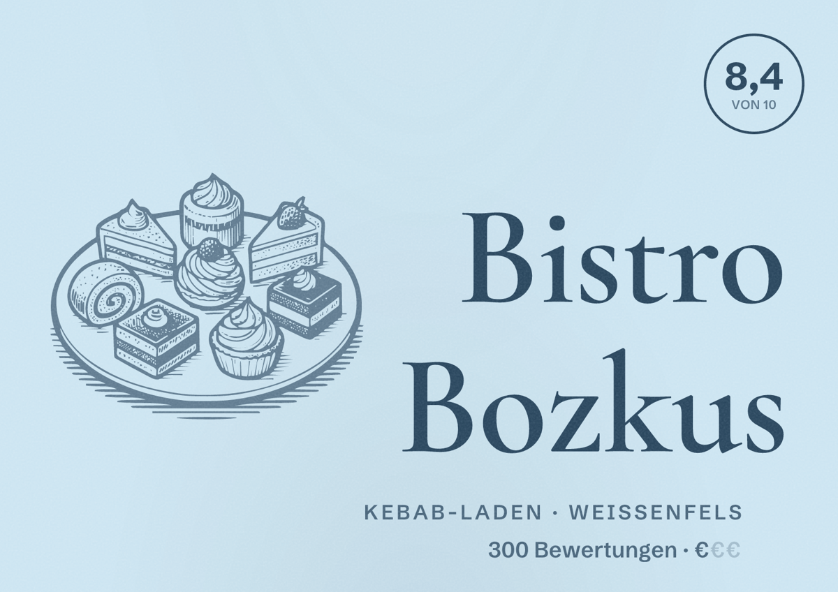 Illustriertes Poster von Bistro Bozkus, Kebab-Laden in Weißenfels: Bewertung 8,4 von 10 aus 300 Bewertungen, Preisniveau €