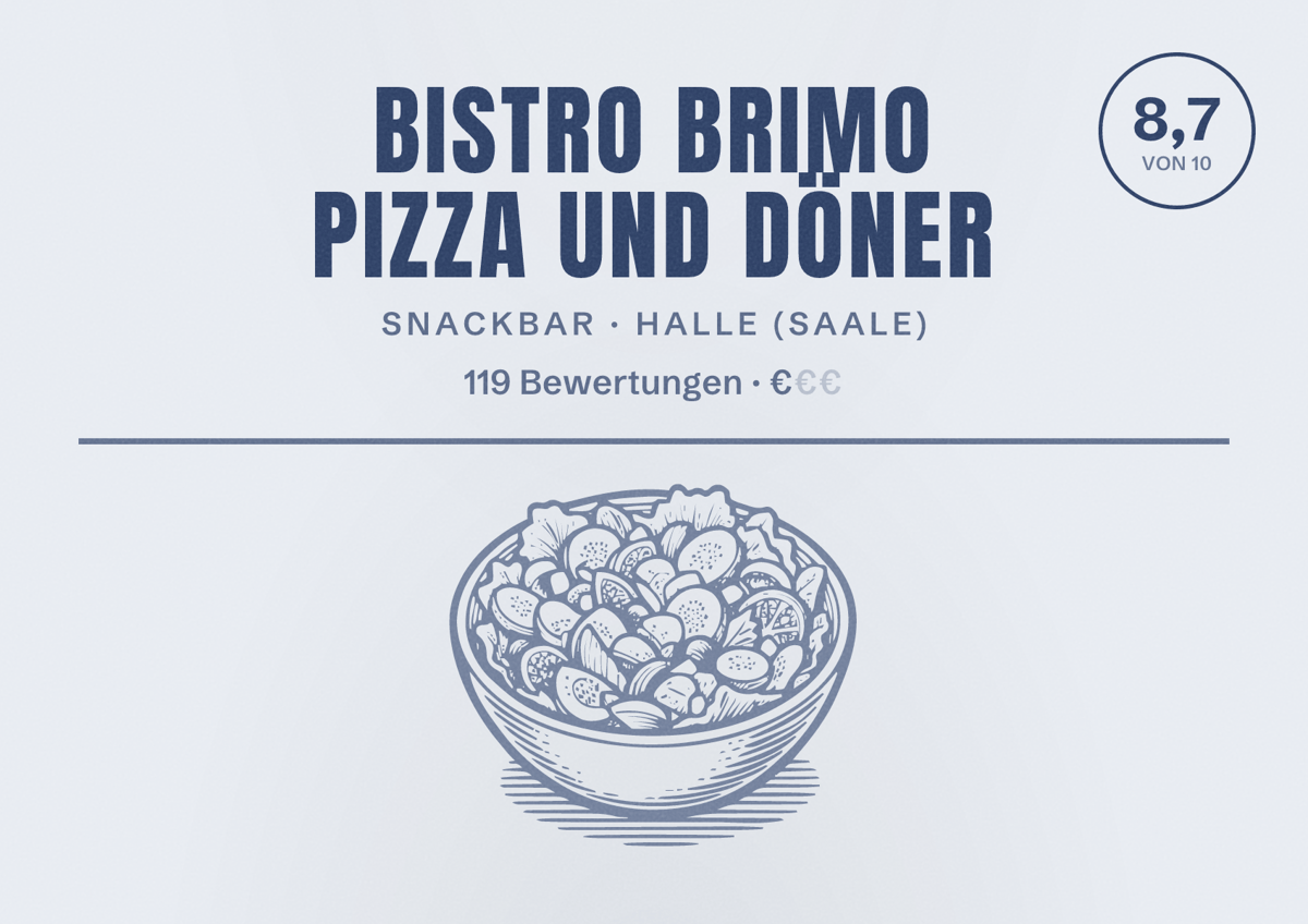 Illustriertes Poster von Bistro Brimo Pizza und Döner, Snackbar in Halle (Saale): Bewertung 8,7 von 10 aus 119 Bewertungen, Preisniveau €