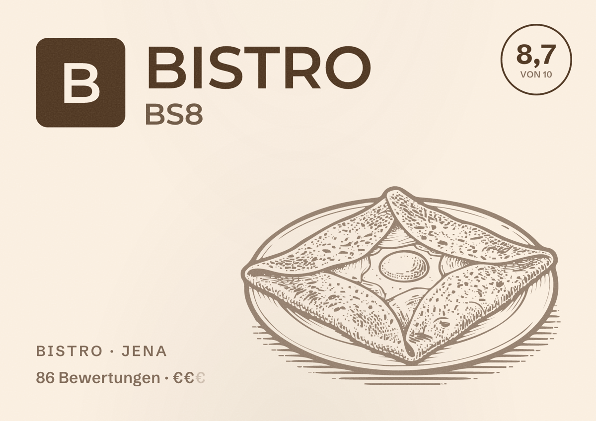 Illustriertes Poster von BISTRO BS8, Bistro in Jena: Bewertung 8,7 von 10 aus 86 Bewertungen, Preisniveau €€