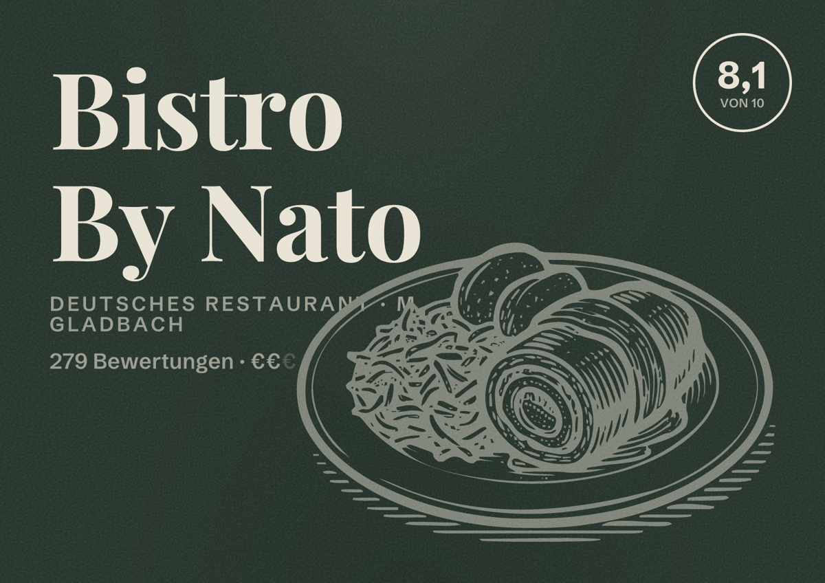 Illustriertes Poster von Bistro By Nato, Deutsches Restaurant in M. Gladbach: Bewertung 8,1 von 10 aus 279 Bewertungen, Preisniveau €€