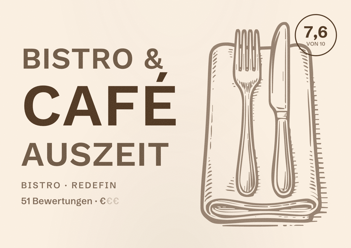 Illustriertes Poster von Bistro & Café Auszeit, Bistro in Redefin: Bewertung 7,6 von 10 aus 51 Bewertungen, Preisniveau €