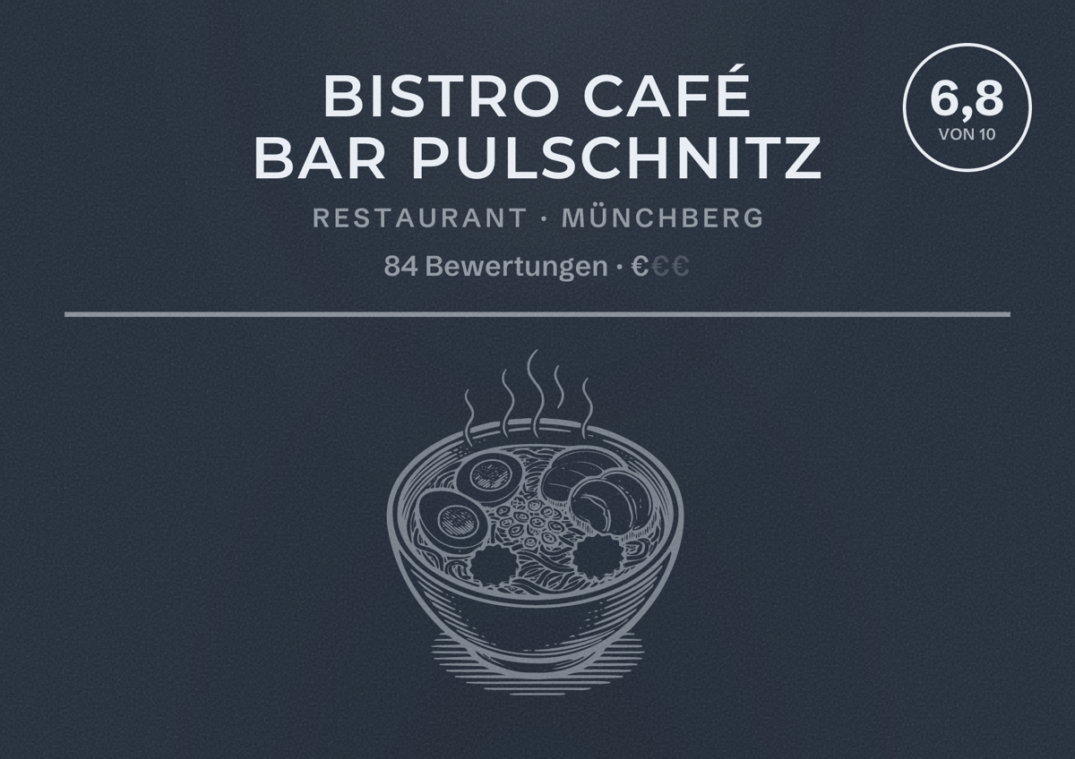 Illustriertes Poster von Bistro Café Bar Pulschnitz, Restaurant in Münchberg: Bewertung 6,8 von 10 aus 84 Bewertungen, Preisniveau €