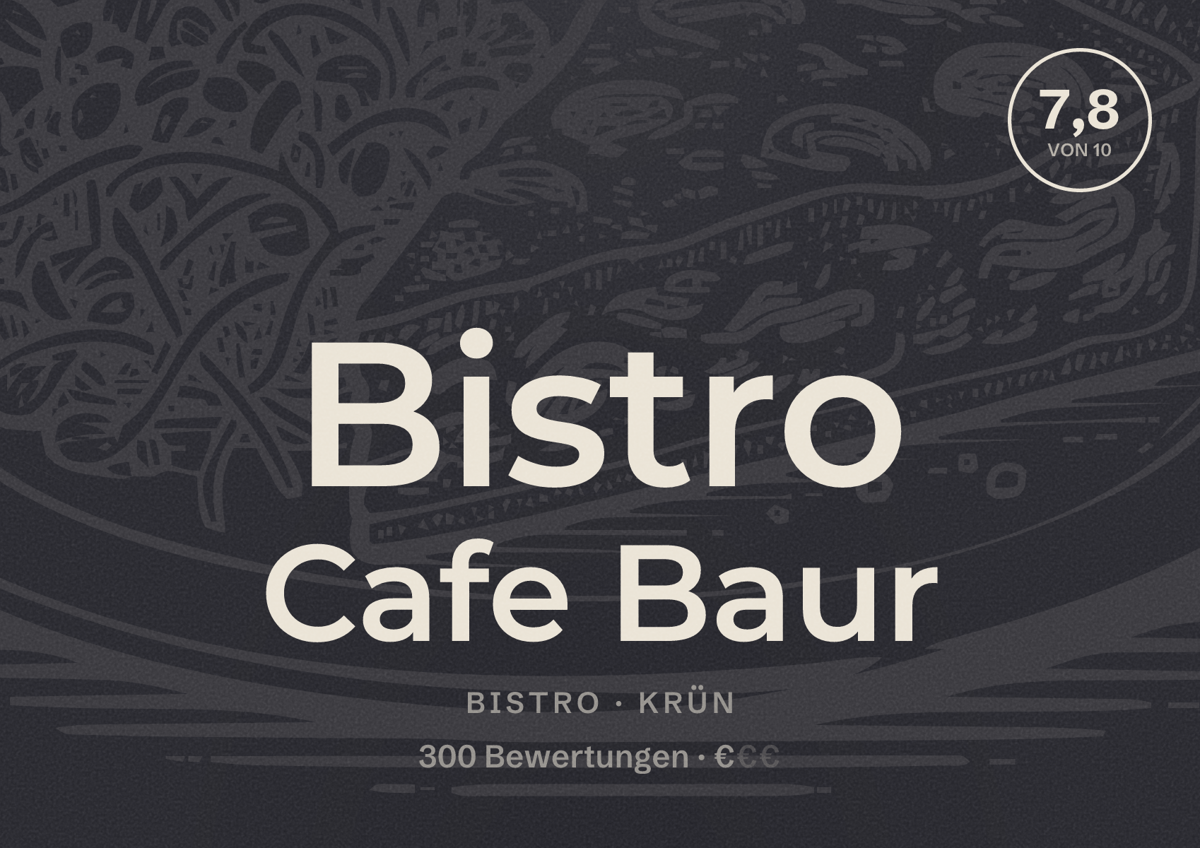 Illustriertes Poster von Bistro Cafe Baur, Bistro in Krün: Bewertung 7,8 von 10 aus 300 Bewertungen, Preisniveau €