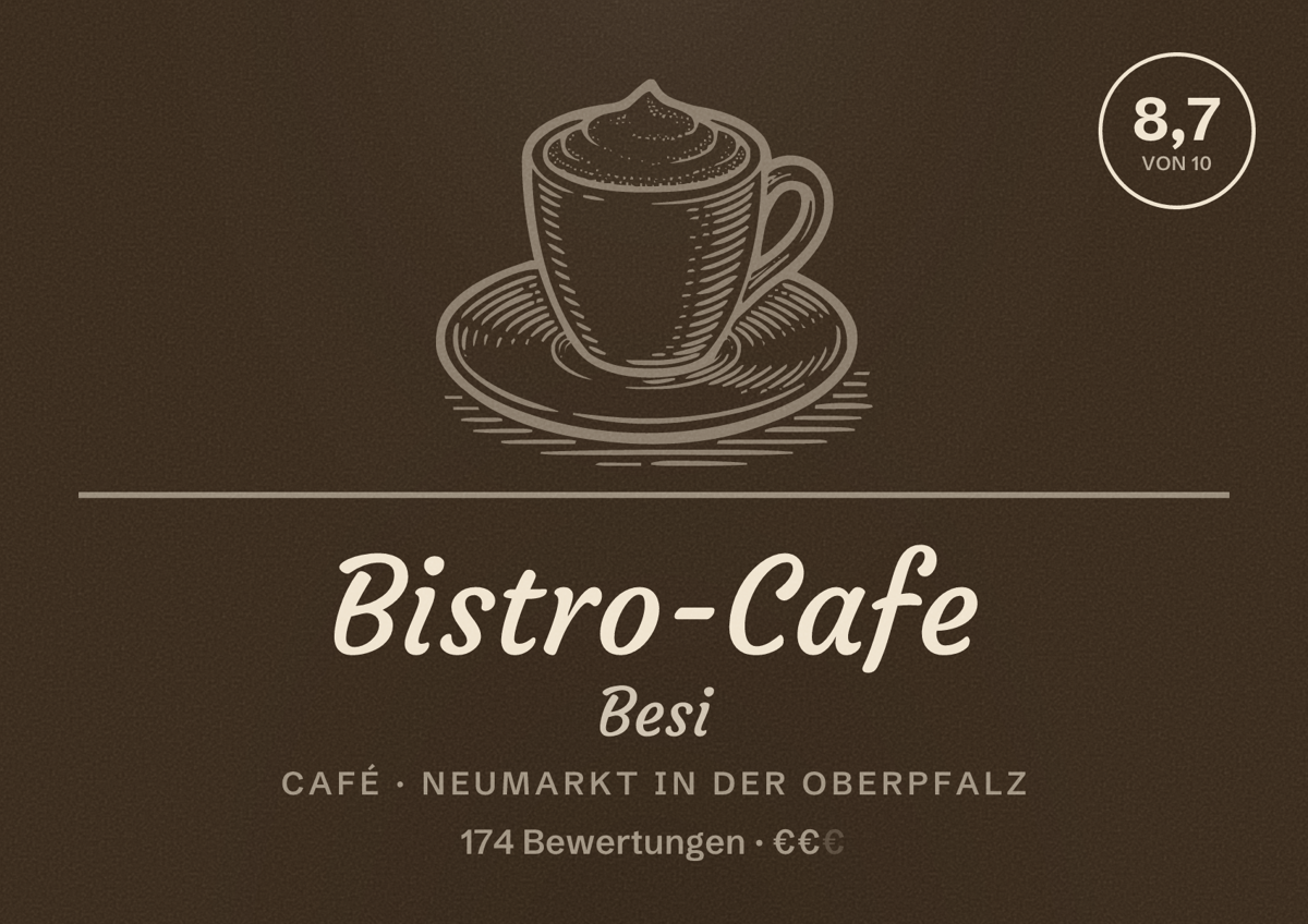 Illustriertes Poster von Bistro-Cafe Besi, Café in Neumarkt in der Oberpfalz: Bewertung 8,7 von 10 aus 174 Bewertungen, Preisniveau €€