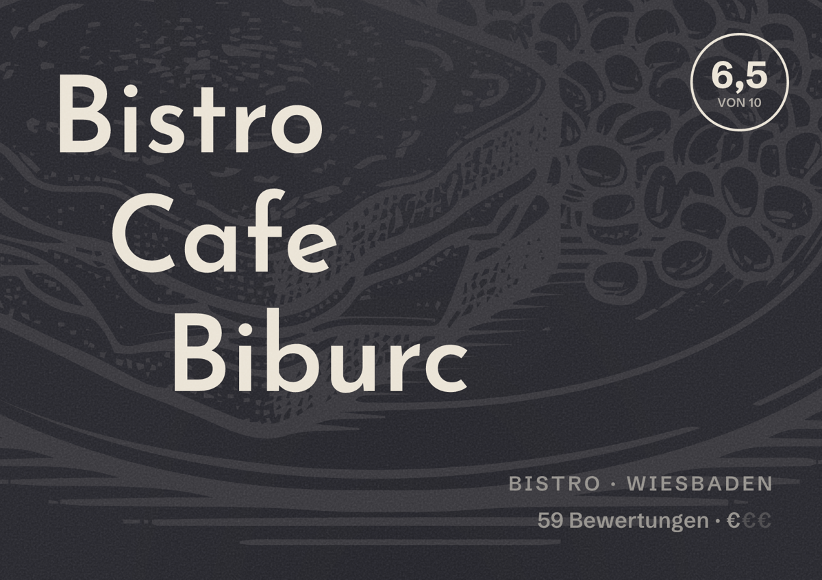 Illustriertes Poster von Bistro Cafe Biburc, Bistro in Wiesbaden: Bewertung 6,5 von 10 aus 59 Bewertungen, Preisniveau €