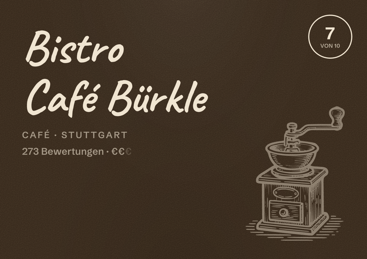 Illustriertes Poster von Bistro Café Bürkle, Café in Stuttgart: Bewertung 7,0 von 10 aus 273 Bewertungen, Preisniveau €€