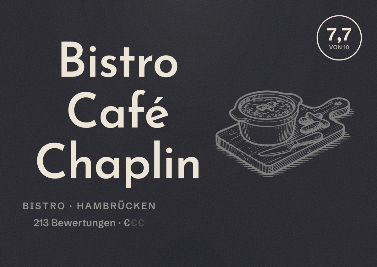 Illustriertes Poster von Bistro Café Chaplin, Bistro in Hambrücken: Bewertung 7,7 von 10 aus 213 Bewertungen, Preisniveau €