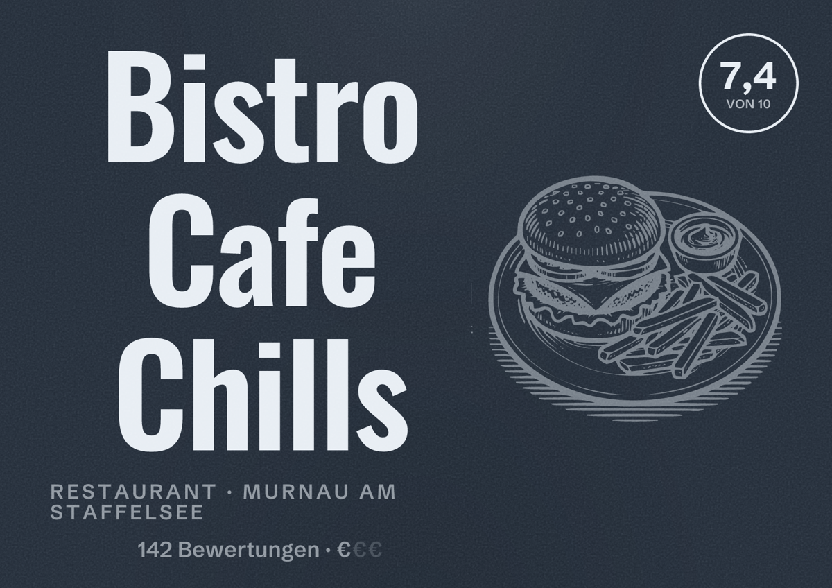 Illustriertes Poster von Bistro Cafe Chills, Restaurant in Murnau am Staffelsee: Bewertung 7,4 von 10 aus 142 Bewertungen, Preisniveau €