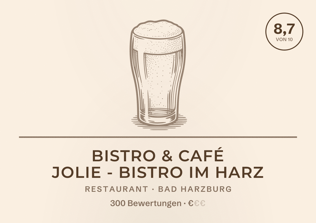 Illustriertes Poster von Bistro & Café Jolie - Bistro im Harz, Restaurant in Bad Harzburg: Bewertung 8,7 von 10 aus 300 Bewertungen, Preisniveau €