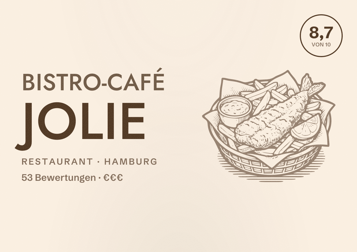 Illustriertes Poster von Bistro-Café Jolie, Restaurant in Hamburg: Bewertung 8,7 von 10 aus 53 Bewertungen, Preisniveau €€€