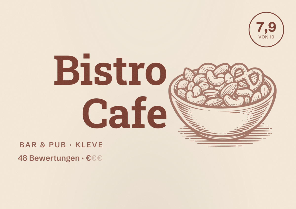 Illustriertes Poster von Bistro Cafe, Bar & Pub in Kleve: Bewertung 7,9 von 10 aus 48 Bewertungen, Preisniveau €