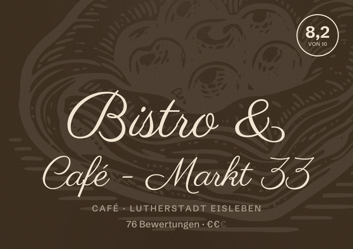 Illustriertes Poster von Bistro & Café - Markt 33, Café in Lutherstadt Eisleben: Bewertung 8,2 von 10 aus 76 Bewertungen, Preisniveau €€