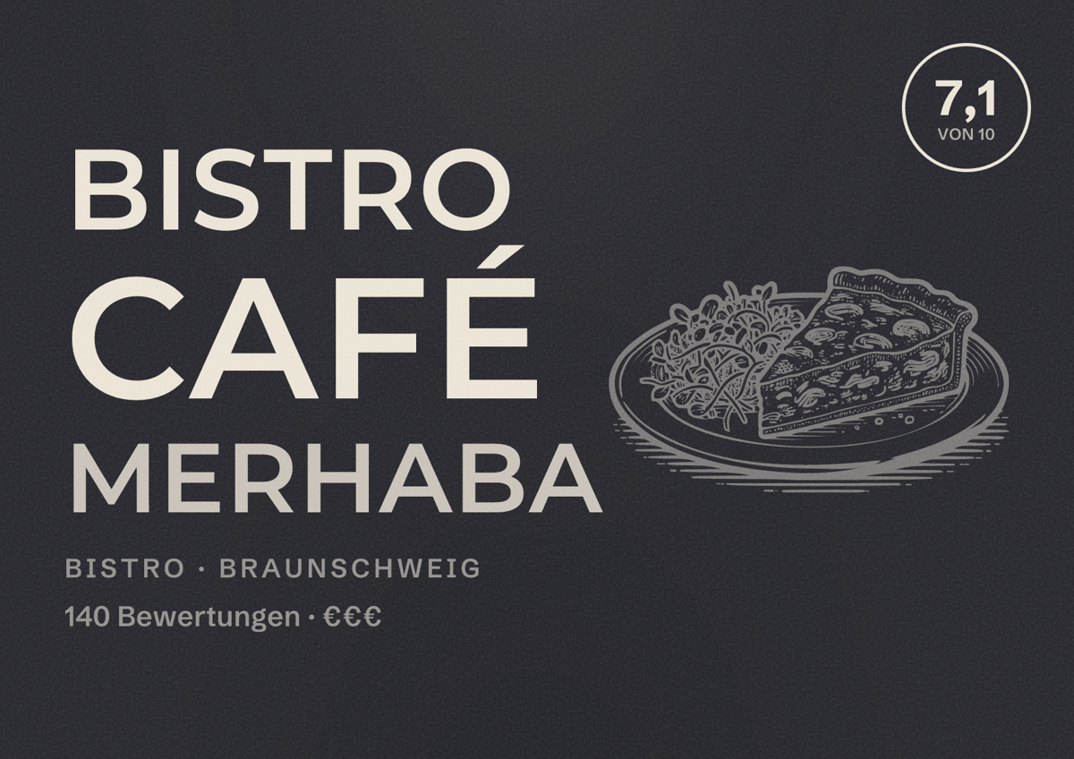 Illustriertes Poster von Bistro Café Merhaba, Bistro in Braunschweig: Bewertung 7,1 von 10 aus 140 Bewertungen, Preisniveau €€€
