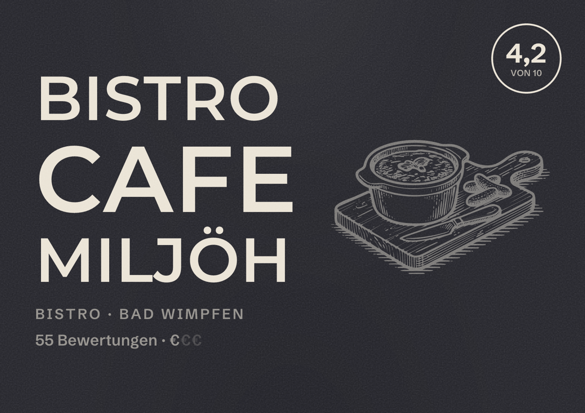 Illustriertes Poster von Bistro Cafe Miljöh, Bistro in Bad Wimpfen: Bewertung 4,2 von 10 aus 55 Bewertungen, Preisniveau €