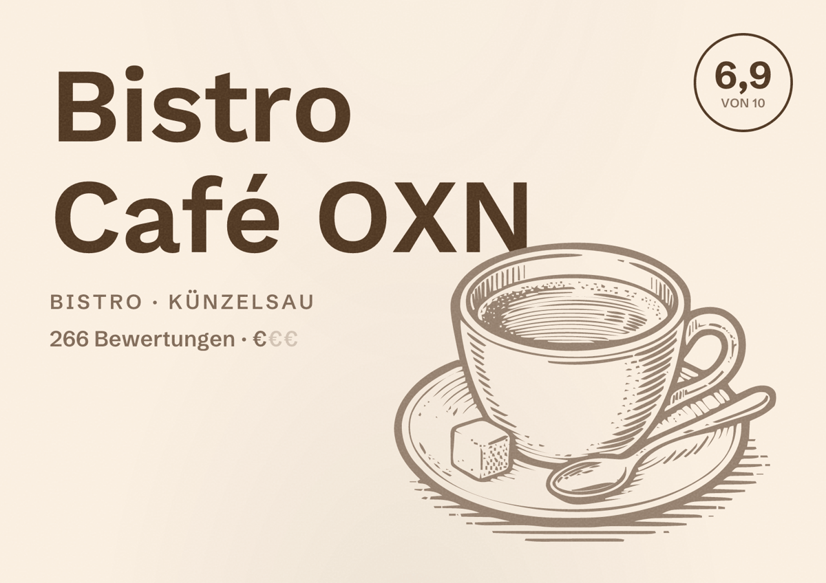 Illustriertes Poster von Bistro Café OXN, Bistro in Künzelsau: Bewertung 6,9 von 10 aus 266 Bewertungen, Preisniveau €