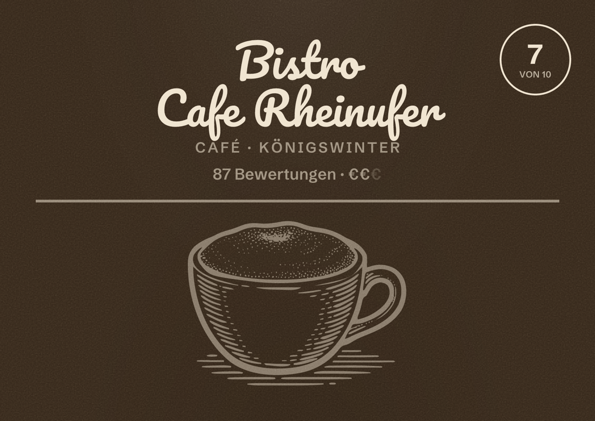 Illustriertes Poster von Bistro Cafe Rheinufer, Café in Königswinter: Bewertung 7 von 10 aus 87 Bewertungen, Preisniveau €€