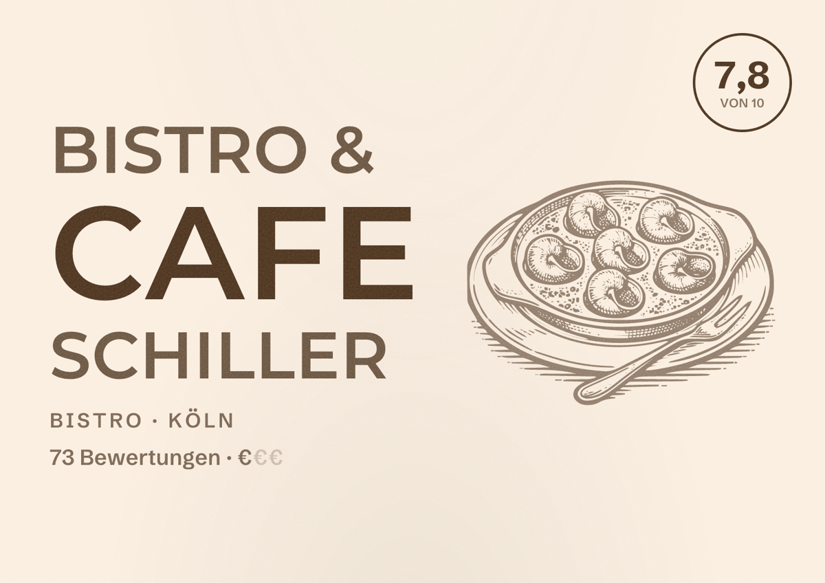 Illustriertes Poster von Bistro & Cafe Schiller, Bistro in Köln: Bewertung 7,8 von 10 aus 73 Bewertungen, Preisniveau €