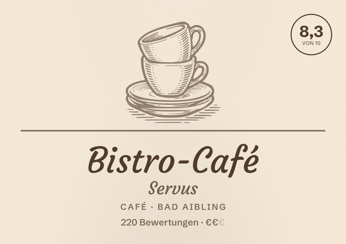 Illustriertes Poster von Bistro-Café Servus, Café in Bad Aibling: Bewertung 8,3 von 10 aus 220 Bewertungen, Preisniveau €€