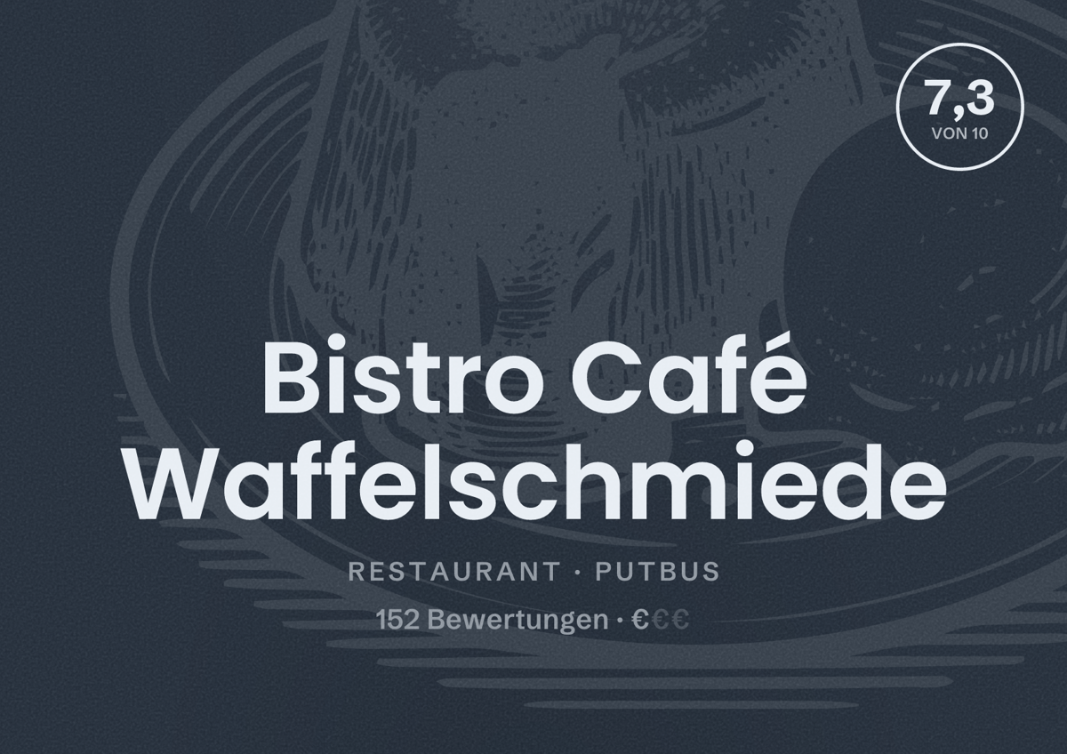 Illustriertes Poster von Bistro Café Waffelschmiede, Restaurant in Putbus: Bewertung 7,3 von 10 aus 152 Bewertungen, Preisniveau €