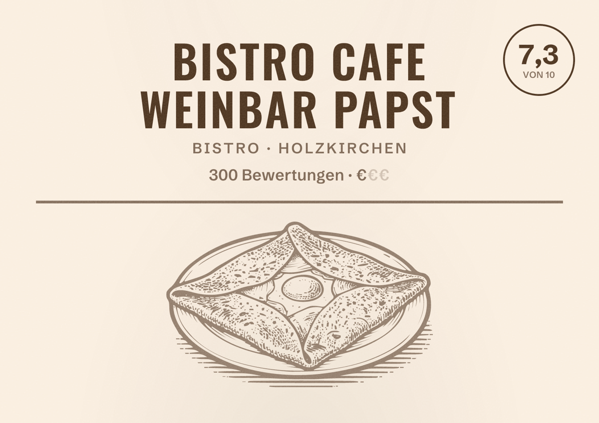 Illustriertes Poster von Bistro Cafe Weinbar Papst, Bistro in Holzkirchen: Bewertung 7,3 von 10 aus 300 Bewertungen, Preisniveau €