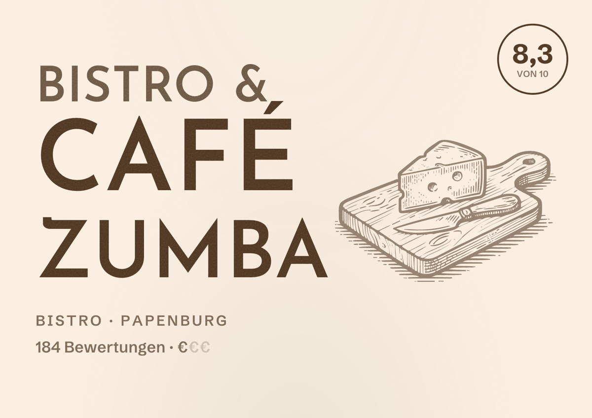 Illustriertes Poster von Bistro & Café ZumBa, Bistro in Papenburg: Bewertung 8,3 von 10 aus 184 Bewertungen, Preisniveau €