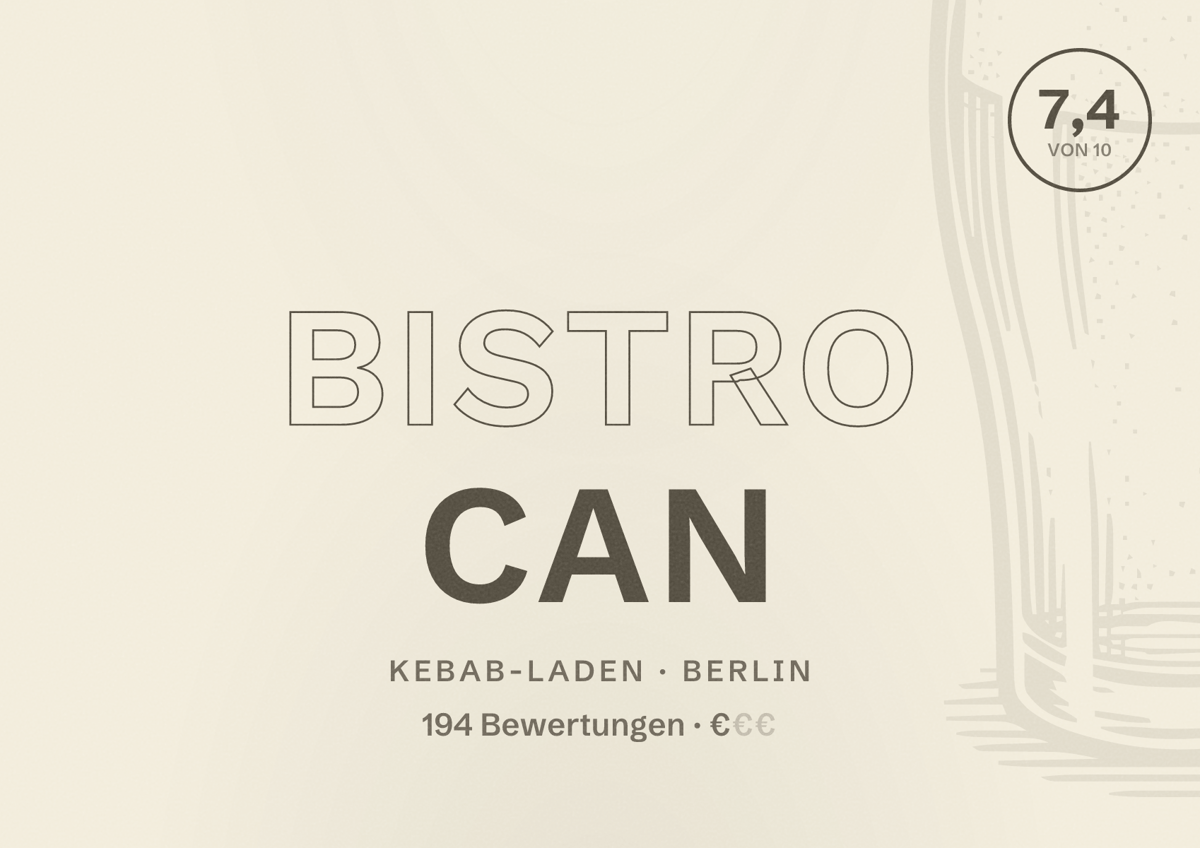 Illustriertes Poster von Bistro Can, Kebab-Laden in Berlin: Bewertung 7,4 von 10 aus 194 Bewertungen, Preisniveau €