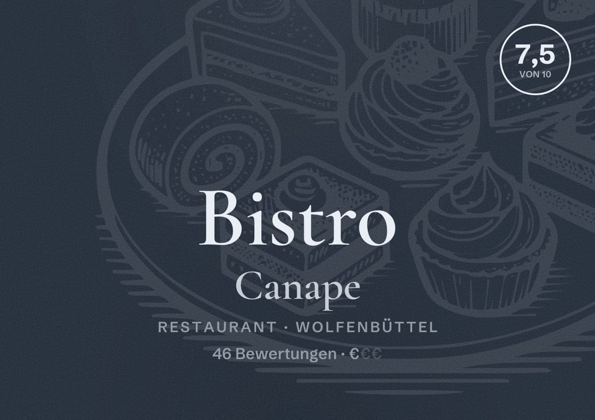 Illustriertes Poster von Bistro Canape, Restaurant in Wolfenbüttel: Bewertung 7,5 von 10 aus 46 Bewertungen, Preisniveau €