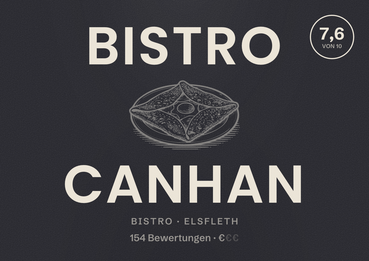 Illustriertes Poster von Bistro Canhan, Bistro in Elsfleth: Bewertung 7,6 von 10 aus 154 Bewertungen, Preisniveau €