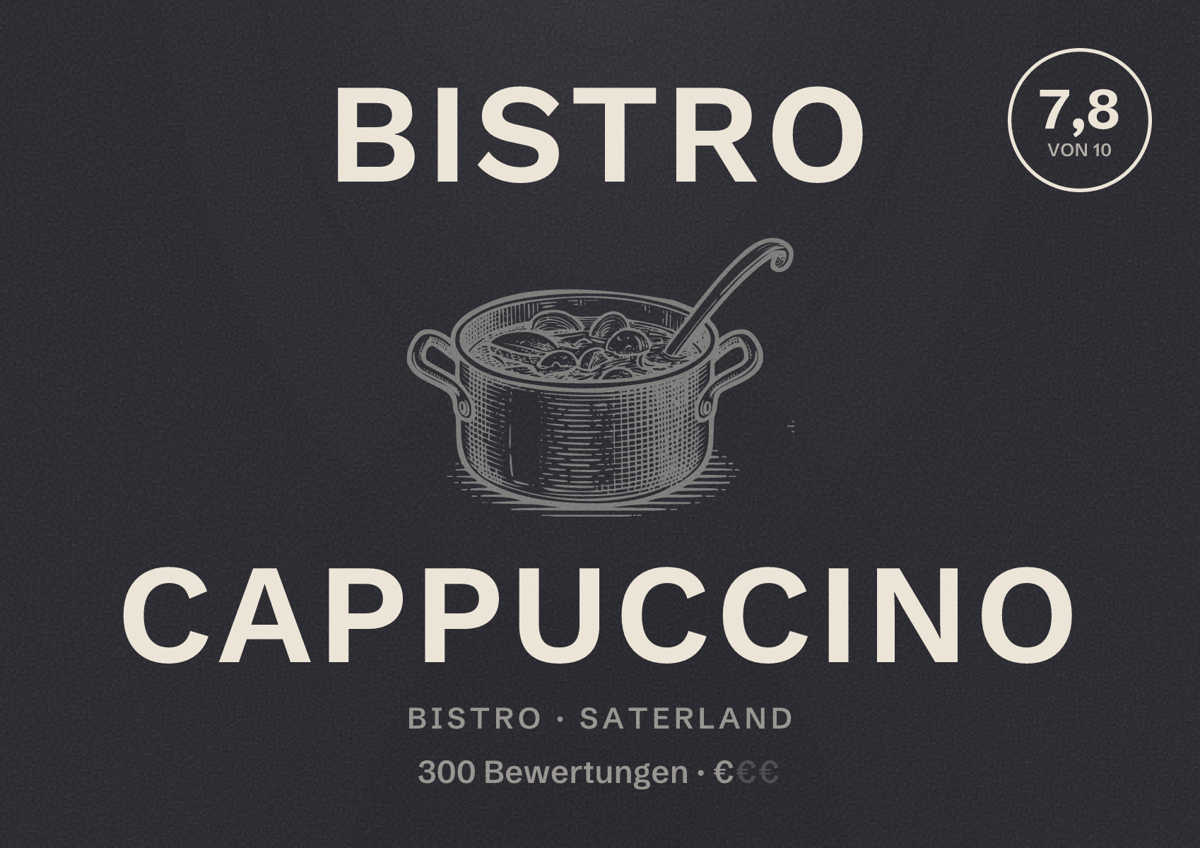 Illustriertes Poster von Bistro Cappuccino, Bistro in Saterland: Bewertung 7,8 von 10 aus 300 Bewertungen, Preisniveau €