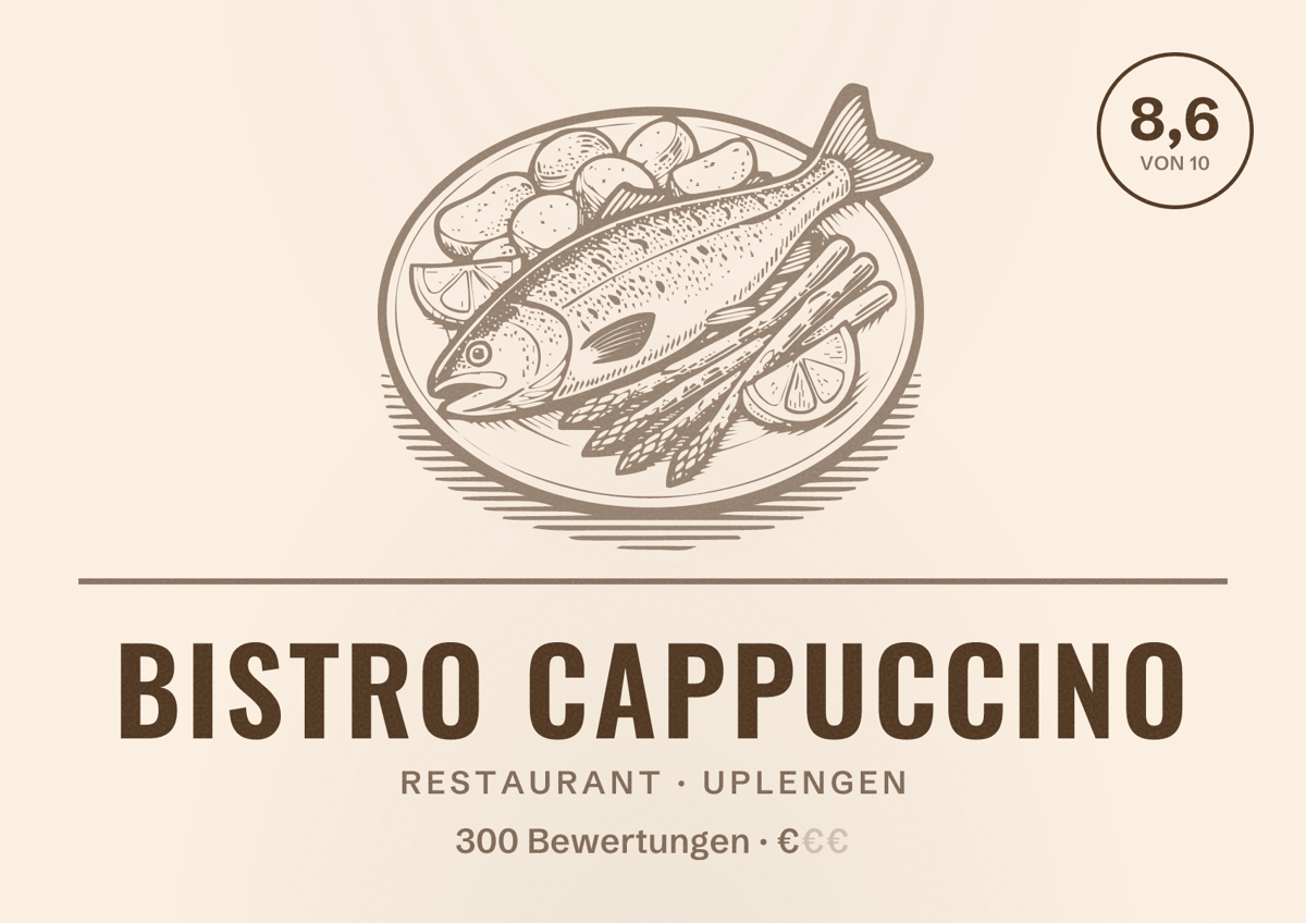 Illustriertes Poster von Bistro Cappuccino, Restaurant in Uplengen: Bewertung 8,6 von 10 aus 300 Bewertungen, Preisniveau €